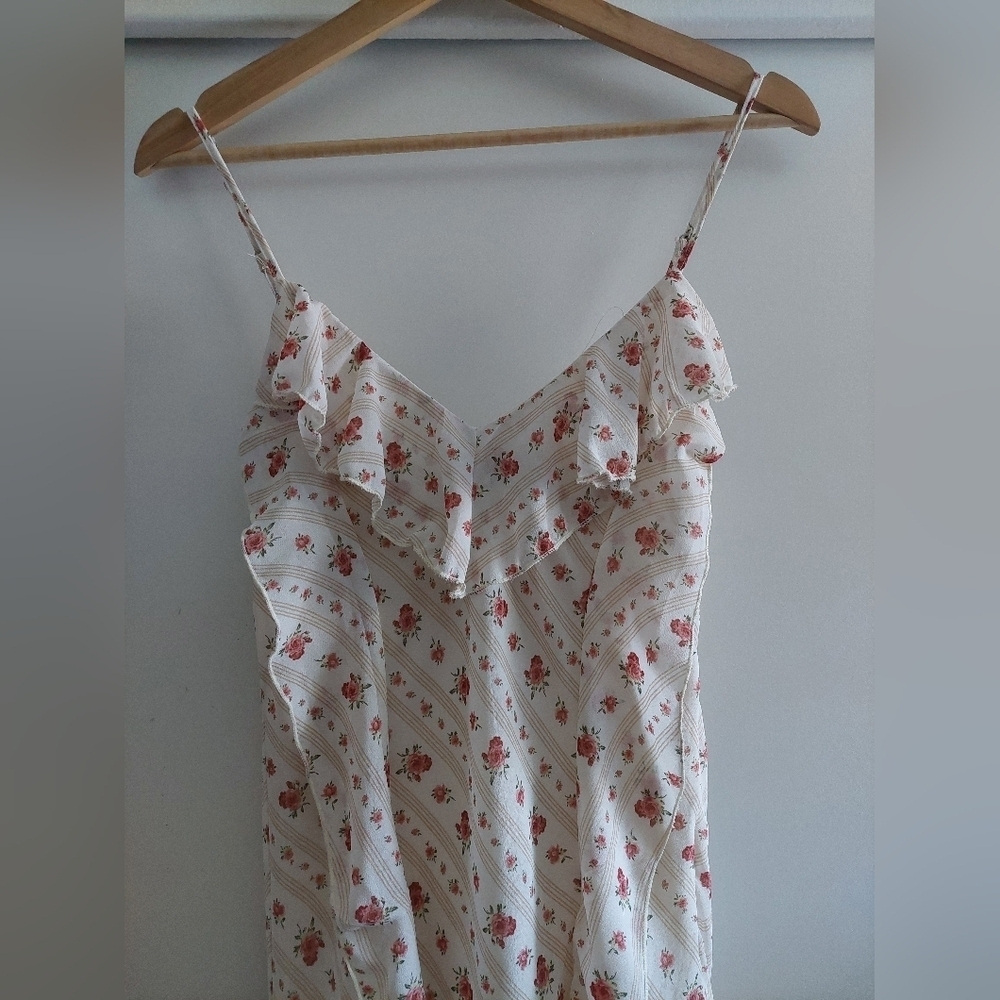 90s Y2K Ditsy Floral Ruffle Maxi Dress Spaghetti Straps Cream Bohemian Boho - Picture 2 of 7